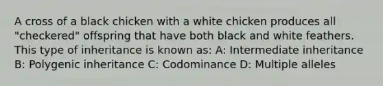 A cross of a black chicken with a white chicken produces all "checkered" offspring that have both black and white feathers. This type of inheritance is known as: A: Intermediate inheritance B: Polygenic inheritance C: Codominance D: Multiple alleles