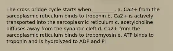 The cross bridge cycle starts when _________. a. Ca2+ from the sarcoplasmic reticulum binds to troponin b. Ca2+ is actively transported into the sarcoplasmic reticulum c. acetylcholine diffuses away from the synaptic cleft d. Ca2+ from the sarcoplasmic reticulum binds to tropomyosin e. ATP binds to troponin and is hydrolyzed to ADP and Pi