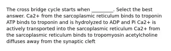 The cross bridge cycle starts when _________. Select the best answer. Ca2+ from the sarcoplasmic reticulum binds to troponin ATP binds to troponin and is hydrolyzed to ADP and Pi Ca2+ is actively transported into the sarcoplasmic reticulum Ca2+ from the sarcoplasmic reticulum binds to tropomyosin acetylcholine diffuses away from the synaptic cleft