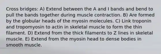 Cross bridges: A) Extend between the A and I bands and bend to pull the bands together during muscle contraction. B) Are formed by the globular heads of the myosin molecules. C) Link troponin and tropomyosin to actin in skeletal muscle to form the thin filament. D) Extend from the thick filaments to Z lines in skeletal muscle. E) Extend from the myosin head to dense bodies in smooth muscle.