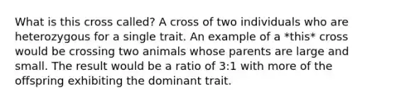 What is this cross called? A cross of two individuals who are heterozygous for a single trait. An example of a *this* cross would be crossing two animals whose parents are large and small. The result would be a ratio of 3:1 with more of the offspring exhibiting the dominant trait.