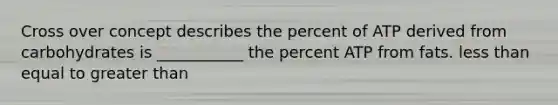 Cross over concept describes the percent of ATP derived from carbohydrates is ___________ the percent ATP from fats. less than equal to greater than