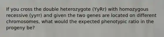 If you cross the double heterozygote (YyRr) with homozygous recessive (yyrr) and given the two genes are located on different chromosomes, what would the expected phenotypic ratio in the progeny be?