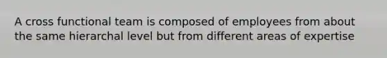A cross functional team is composed of employees from about the same hierarchal level but from different areas of expertise