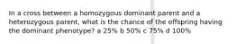 In a cross between a homozygous dominant parent and a heterozygous parent, what is the chance of the offspring having the dominant phenotype? a 25% b 50% c 75% d 100%