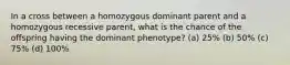 In a cross between a homozygous dominant parent and a homozygous recessive parent, what is the chance of the offspring having the dominant phenotype? (a) 25% (b) 50% (c) 75% (d) 100%