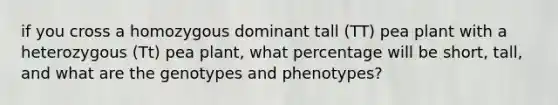 if you cross a homozygous dominant tall (TT) pea plant with a heterozygous (Tt) pea plant, what percentage will be short, tall, and what are the genotypes and phenotypes?