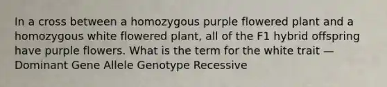 In a cross between a homozygous purple flowered plant and a homozygous white flowered plant, all of the F1 hybrid offspring have purple flowers. What is the term for the white trait — Dominant Gene Allele Genotype Recessive