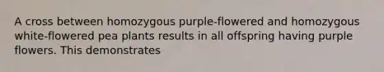 A cross between homozygous purple-flowered and homozygous white-flowered pea plants results in all offspring having purple flowers. This demonstrates