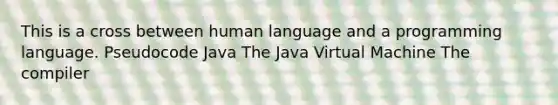 This is a cross between human language and a programming language. Pseudocode Java The Java Virtual Machine The compiler