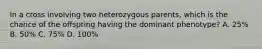 In a cross involving two heterozygous parents, which is the chance of the offspring having the dominant phenotype? A. 25% B. 50% C. 75% D. 100%