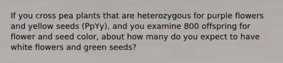 If you cross pea plants that are heterozygous for purple flowers and yellow seeds (PpYy), and you examine 800 offspring for flower and seed color, about how many do you expect to have white flowers and green seeds?