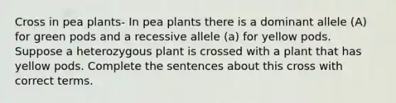 Cross in pea plants- In pea plants there is a dominant allele (A) for green pods and a recessive allele (a) for yellow pods. Suppose a heterozygous plant is crossed with a plant that has yellow pods. Complete the sentences about this cross with correct terms.