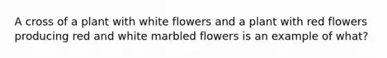 A cross of a plant with white flowers and a plant with red flowers producing red and white marbled flowers is an example of what?