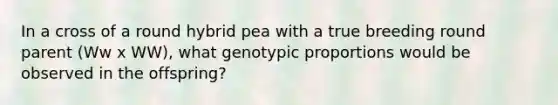 In a cross of a round hybrid pea with a true breeding round parent (Ww x WW), what genotypic proportions would be observed in the offspring?