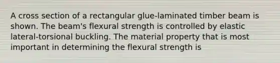 A cross section of a rectangular glue-laminated timber beam is shown. The beam's flexural strength is controlled by elastic lateral-torsional buckling. The material property that is most important in determining the flexural strength is