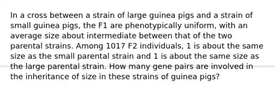 In a cross between a strain of large guinea pigs and a strain of small guinea pigs, the F1 are phenotypically uniform, with an average size about intermediate between that of the two parental strains. Among 1017 F2 individuals, 1 is about the same size as the small parental strain and 1 is about the same size as the large parental strain. How many gene pairs are involved in the inheritance of size in these strains of guinea pigs?