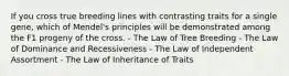 If you cross true breeding lines with contrasting traits for a single gene, which of Mendel's principles will be demonstrated among the F1 progeny of the cross. - The Law of Tree Breeding - The Law of Dominance and Recessiveness - The Law of Independent Assortment - The Law of Inheritance of Traits