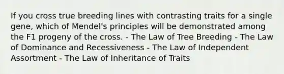 If you cross true breeding lines with contrasting traits for a single gene, which of Mendel's principles will be demonstrated among the F1 progeny of the cross. - The Law of Tree Breeding - The Law of Dominance and Recessiveness - The Law of Independent Assortment - The Law of Inheritance of Traits