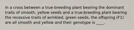 In a cross between a true-breeding plant bearing the dominant traits of smooth, yellow seeds and a true-breeding plant bearing the recessive traits of wrinkled, green seeds, the offspring (F1) are all smooth and yellow and their genotype is ____.