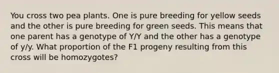 You cross two pea plants. One is pure breeding for yellow seeds and the other is pure breeding for green seeds. This means that one parent has a genotype of Y/Y and the other has a genotype of y/y. What proportion of the F1 progeny resulting from this cross will be homozygotes?