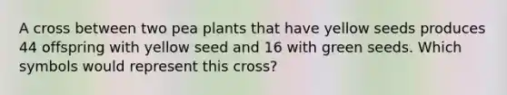 A cross between two pea plants that have yellow seeds produces 44 offspring with yellow seed and 16 with green seeds. Which symbols would represent this cross?