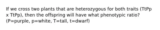 If we cross two plants that are heterozygous for both traits (TtPp x TtPp), then the offspring will have what phenotypic ratio? (P=purple, p=white, T=tall, t=dwarf)