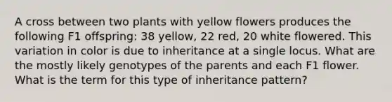 A cross between two plants with yellow flowers produces the following F1 offspring: 38 yellow, 22 red, 20 white flowered. This variation in color is due to inheritance at a single locus. What are the mostly likely genotypes of the parents and each F1 flower. What is the term for this type of inheritance pattern?