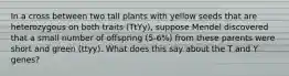 In a cross between two tall plants with yellow seeds that are heterozygous on both traits (TtYy), suppose Mendel discovered that a small number of offspring (5-6%) from these parents were short and green (ttyy). What does this say about the T and Y genes?