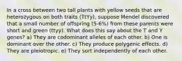 In a cross between two tall plants with yellow seeds that are heterozygous on both traits (TtYy), suppose Mendel discovered that a small number of offspring (5-6%) from these parents were short and green (ttyy). What does this say about the T and Y genes? a) They are codominant alleles of each other. b) One is dominant over the other. c) They produce polygenic effects. d) They are pleiotropic. e) They sort independently of each other.