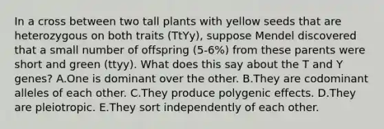 In a cross between two tall plants with yellow seeds that are heterozygous on both traits (TtYy), suppose Mendel discovered that a small number of offspring (5-6%) from these parents were short and green (ttyy). What does this say about the T and Y genes? A.One is dominant over the other. B.They are codominant alleles of each other. C.They produce polygenic effects. D.They are pleiotropic. E.They sort independently of each other.