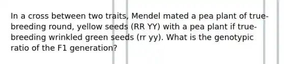 In a cross between two traits, Mendel mated a pea plant of true-breeding round, yellow seeds (RR YY) with a pea plant if true-breeding wrinkled green seeds (rr yy). What is the genotypic ratio of the F1 generation?