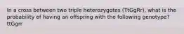 In a cross between two triple heterozygotes (TtGgRr), what is the probability of having an offspring with the following genotype? ttGgrr