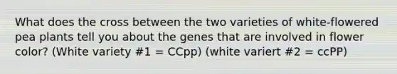 What does the cross between the two varieties of white-flowered pea plants tell you about the genes that are involved in flower color? (White variety #1 = CCpp) (white variert #2 = ccPP)