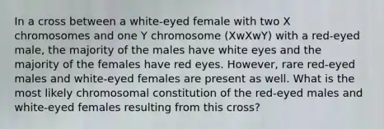 In a cross between a white‑eyed female with two X chromosomes and one Y chromosome (XwXwY) with a red‑eyed male, the majority of the males have white eyes and the majority of the females have red eyes. However, rare red‑eyed males and white‑eyed females are present as well. What is the most likely chromosomal constitution of the red‑eyed males and white‑eyed females resulting from this cross?