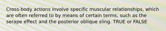 Cross-body actions involve specific muscular relationships, which are often referred to by means of certain terms, such as the serape effect and the posterior oblique sling. TRUE or FALSE