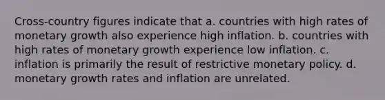 Cross-country figures indicate that a. countries with high rates of monetary growth also experience high inflation. b. countries with high rates of monetary growth experience low inflation. c. inflation is primarily the result of restrictive <a href='https://www.questionai.com/knowledge/kEE0G7Llsx-monetary-policy' class='anchor-knowledge'>monetary policy</a>. d. monetary growth rates and inflation are unrelated.