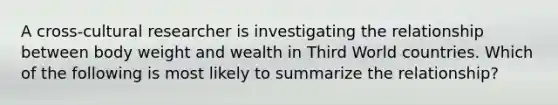 A cross-cultural researcher is investigating the relationship between body weight and wealth in Third World countries. Which of the following is most likely to summarize the relationship?