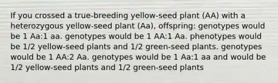 If you crossed a true-breeding yellow-seed plant (AA) with a heterozygous yellow-seed plant (Aa), offspring: genotypes would be 1 Aa:1 aa. genotypes would be 1 AA:1 Aa. phenotypes would be 1/2 yellow-seed plants and 1/2 green-seed plants. genotypes would be 1 AA:2 Aa. genotypes would be 1 Aa:1 aa and would be 1/2 yellow-seed plants and 1/2 green-seed plants