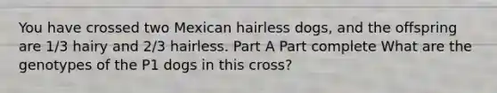 You have crossed two Mexican hairless dogs, and the offspring are 1/3 hairy and 2/3 hairless. Part A Part complete What are the genotypes of the P1 dogs in this cross?