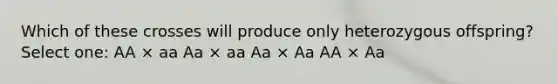 Which of these crosses will produce only heterozygous offspring? Select one: AA × aa Aa × aa Aa × Aa AA × Aa