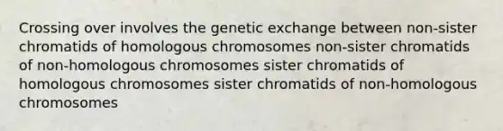 Crossing over involves the genetic exchange between non-sister chromatids of homologous chromosomes non-sister chromatids of non-homologous chromosomes sister chromatids of homologous chromosomes sister chromatids of non-homologous chromosomes