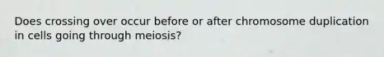 Does crossing over occur before or after chromosome duplication in cells going through meiosis?