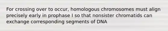 For crossing over to occur, homologous chromosomes must align precisely early in prophase I so that nonsister chromatids can exchange corresponding segments of DNA