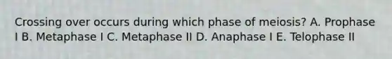 Crossing over occurs during which phase of meiosis? A. Prophase I B. Metaphase I C. Metaphase II D. Anaphase I E. Telophase II