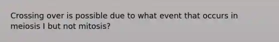 Crossing over is possible due to what event that occurs in meiosis I but not mitosis?