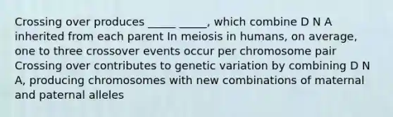 Crossing over produces _____ _____, which combine D N A inherited from each parent In meiosis in humans, on average, one to three crossover events occur per chromosome pair Crossing over contributes to genetic variation by combining D N A, producing chromosomes with new combinations of maternal and paternal alleles