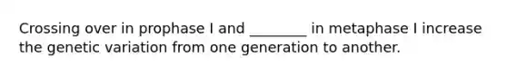Crossing over in prophase I and ________ in metaphase I increase the genetic variation from one generation to another.
