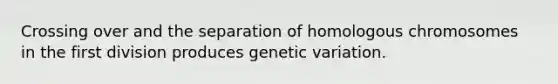 Crossing over and the separation of homologous chromosomes in the first division produces genetic variation.