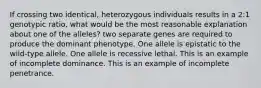 If crossing two identical, heterozygous individuals results in a 2:1 genotypic ratio, what would be the most reasonable explanation about one of the alleles? two separate genes are required to produce the dominant phenotype. One allele is epistatic to the wild-type allele. One allele is recessive lethal. This is an example of incomplete dominance. This is an example of incomplete penetrance.